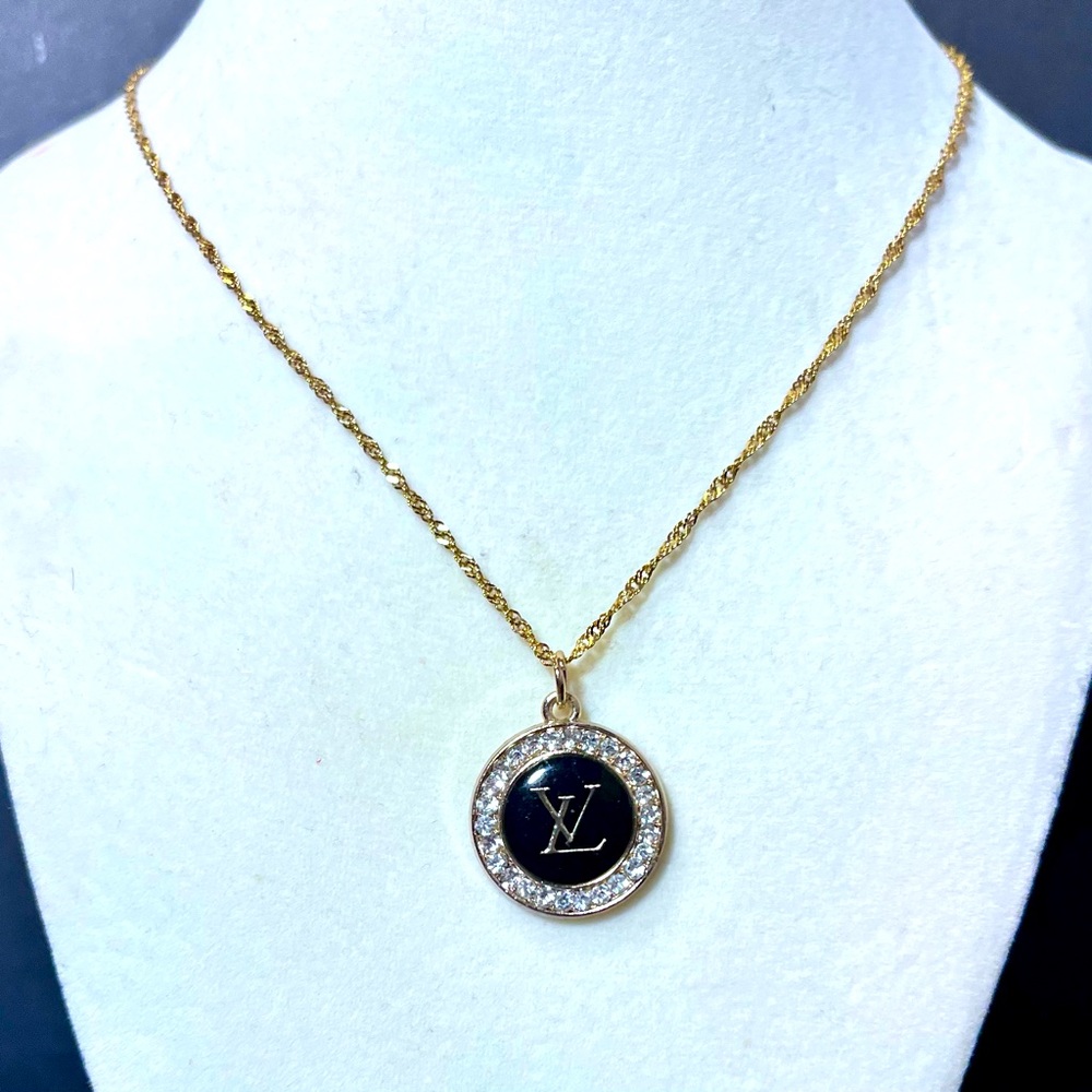Aurhentic Louis Vuitton Gold & Black LV Logo w/ Rhinestones Charm Necklace